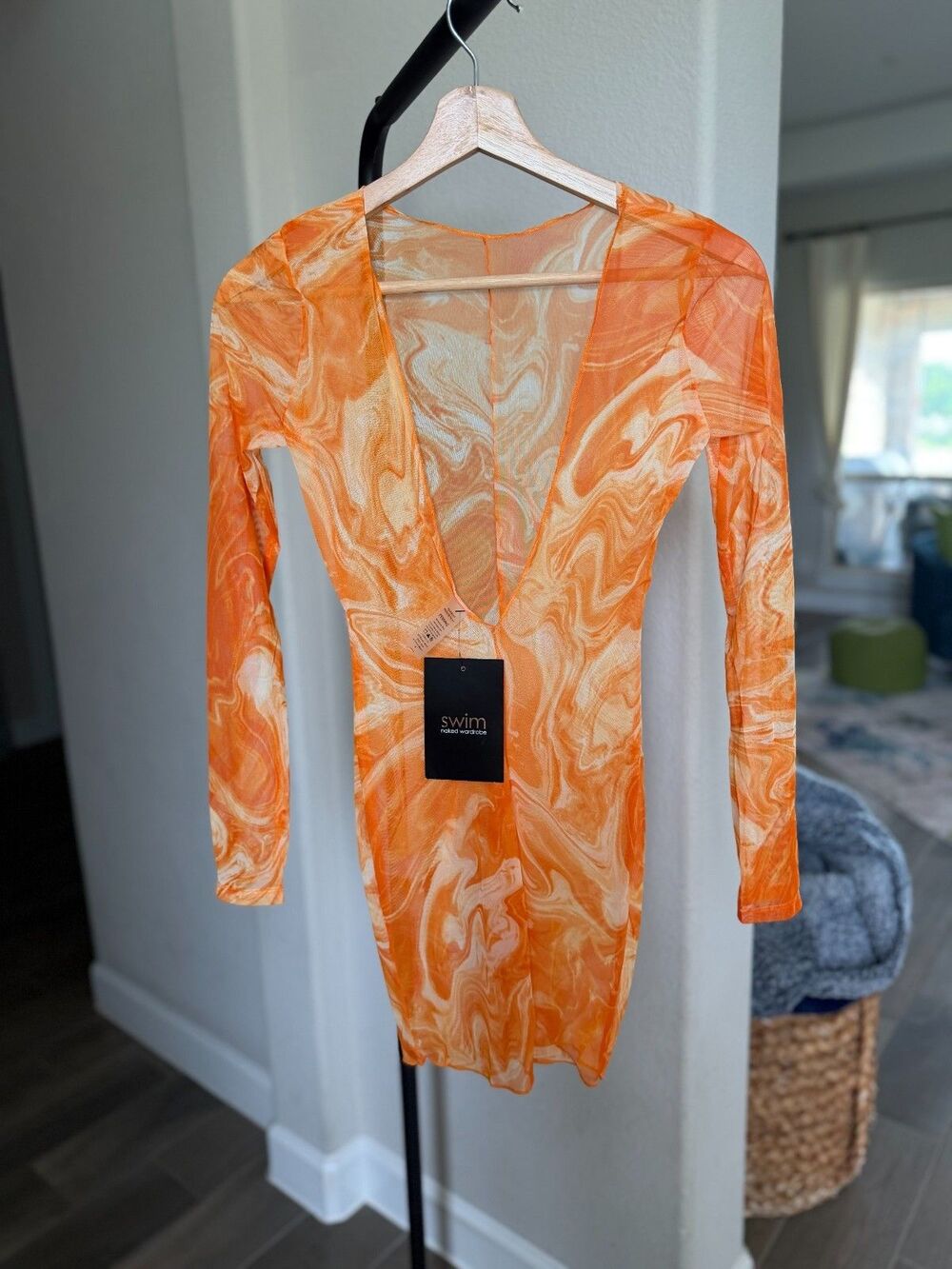Naked Wardrobe Orange Marble Smoke Mesh Swim Cover-Up Top – S